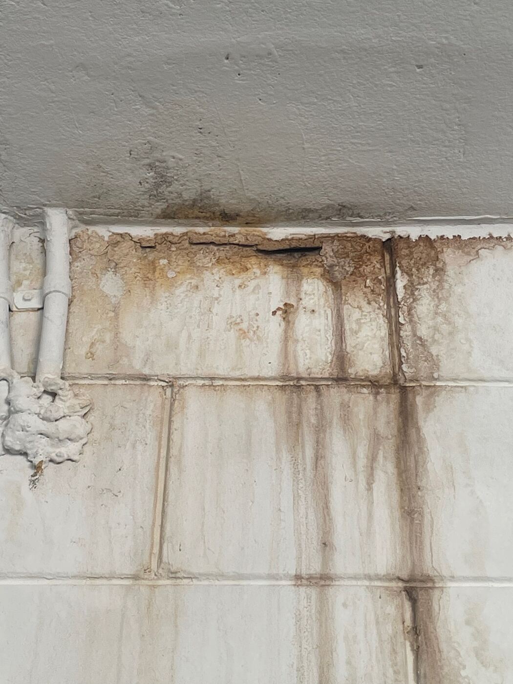Water damage staining on interior garage wall