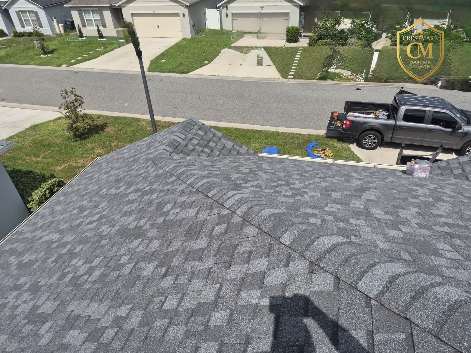 Finished shingle roof, new construction